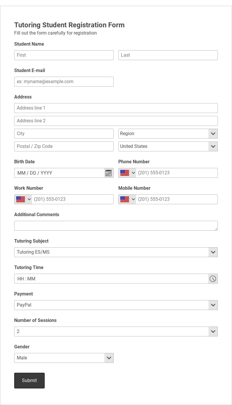Tutoring Registration Form Template form template