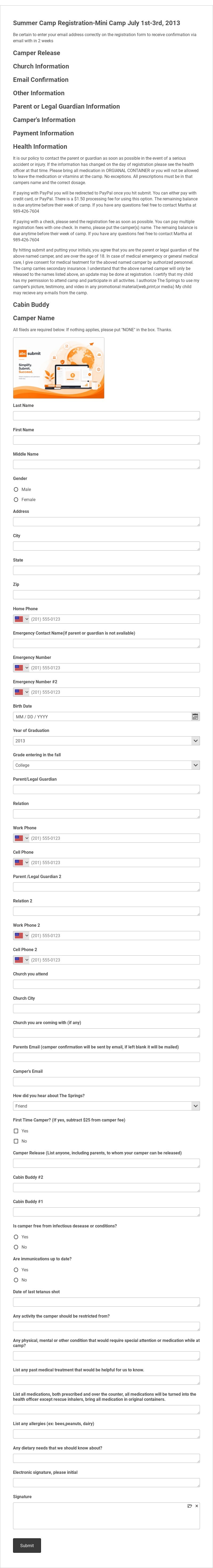 Sample Summer Camp Registration Form Template form template