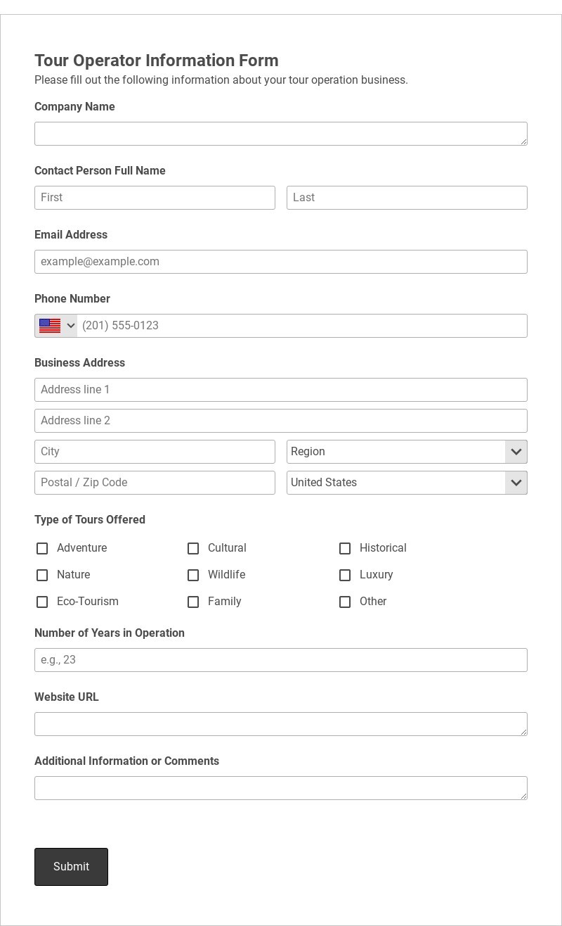 Tour Operator Information Form Template form template
