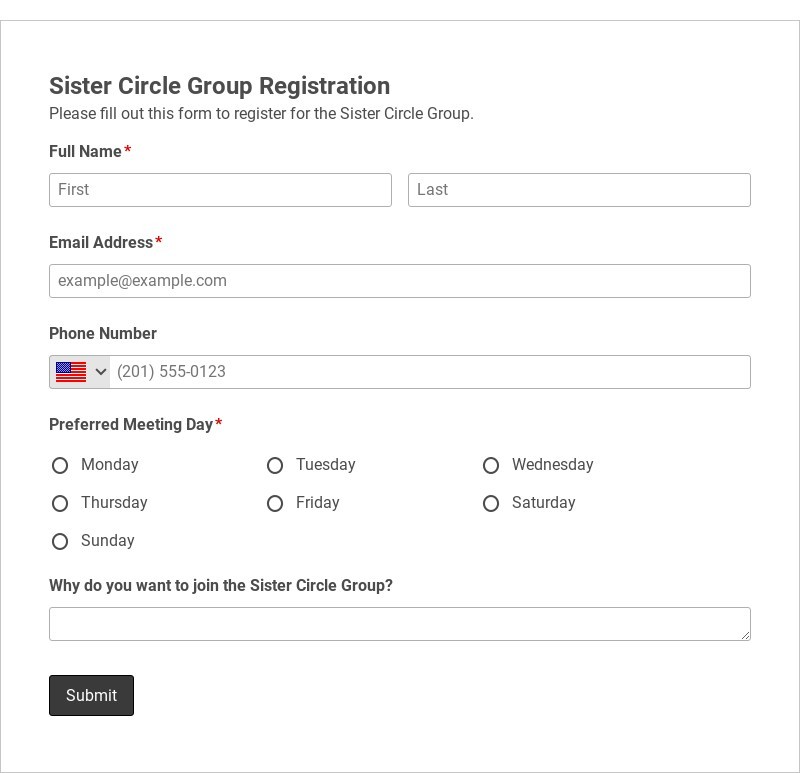 Sister Circle Group Registration Template form template