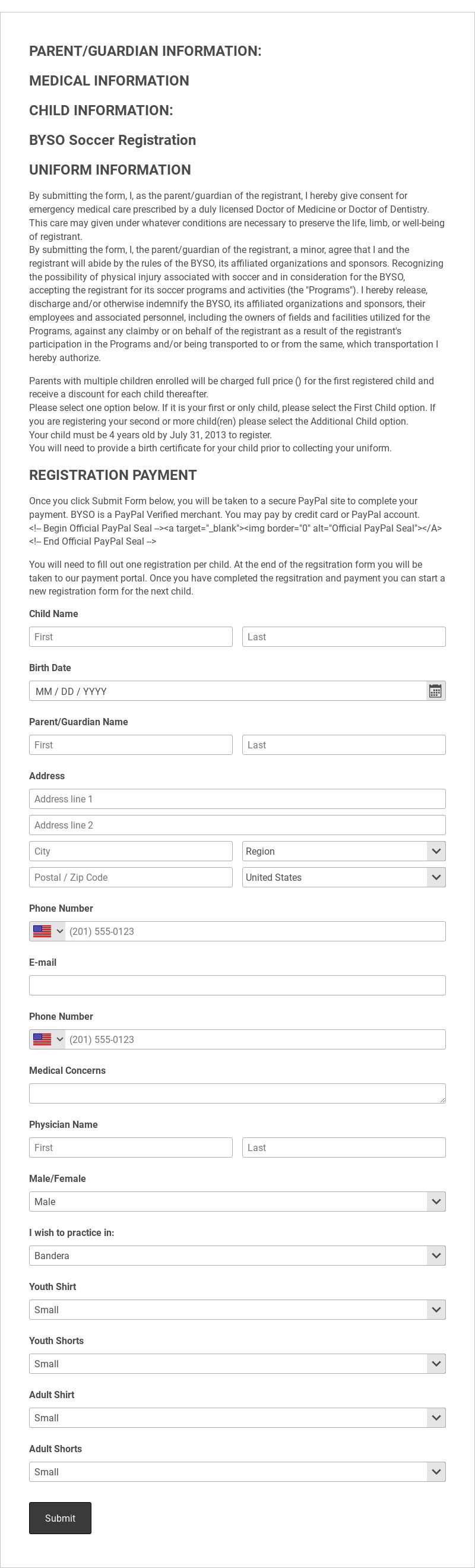 Soccer Registration Form Template form template