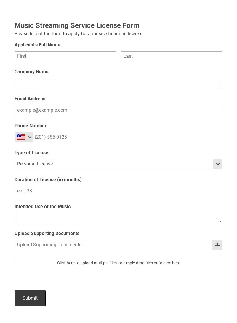 Music Streaming Service License Form Template form template