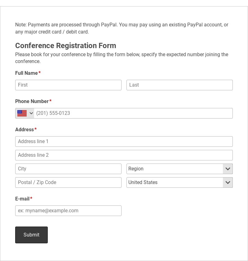 Conference Registration Form with Payment PayPal Standard Template form template