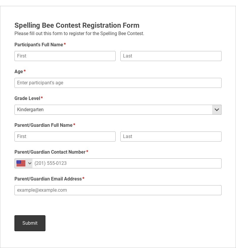 Spelling Bee Contest Registration Form Template form template