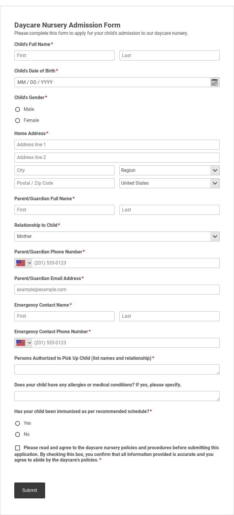 Daycare Nursery Admission Form Template form template