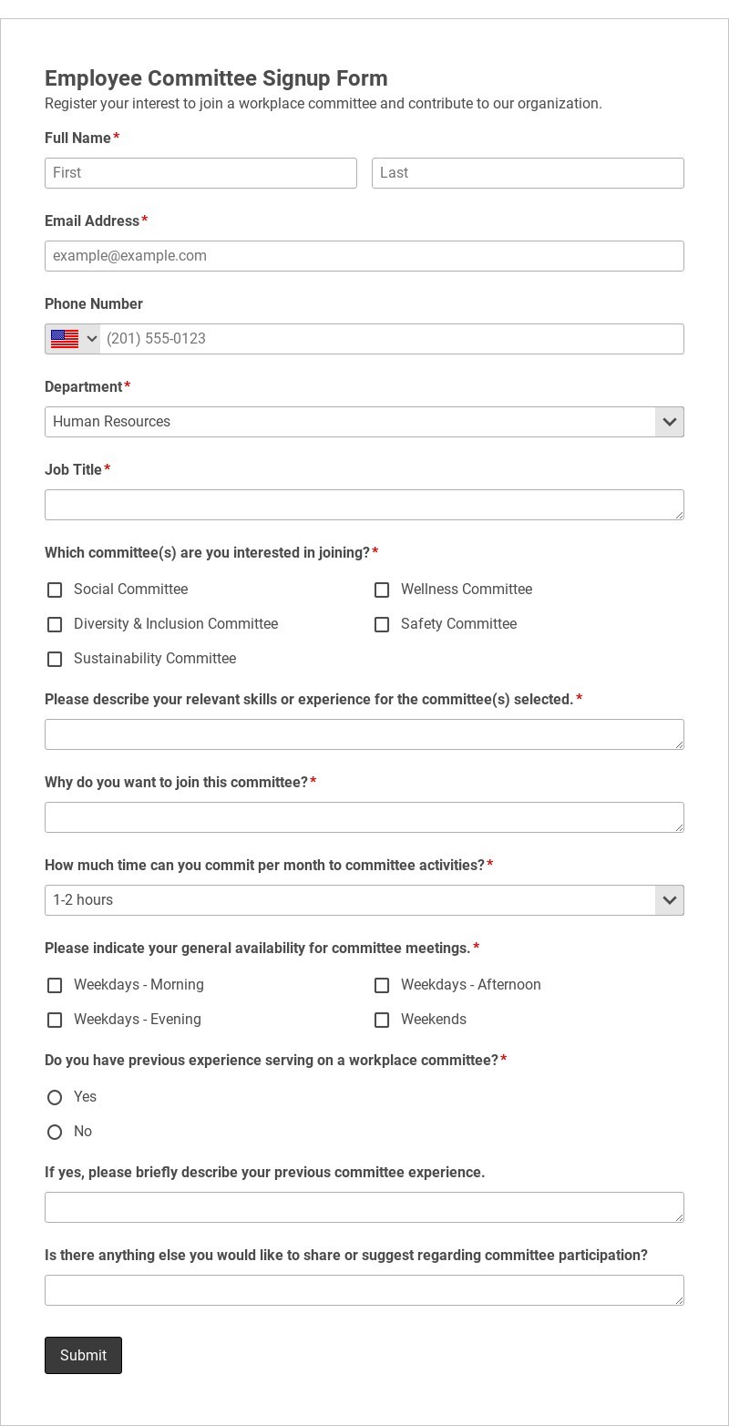 Employee Committee Signup Form Template form template