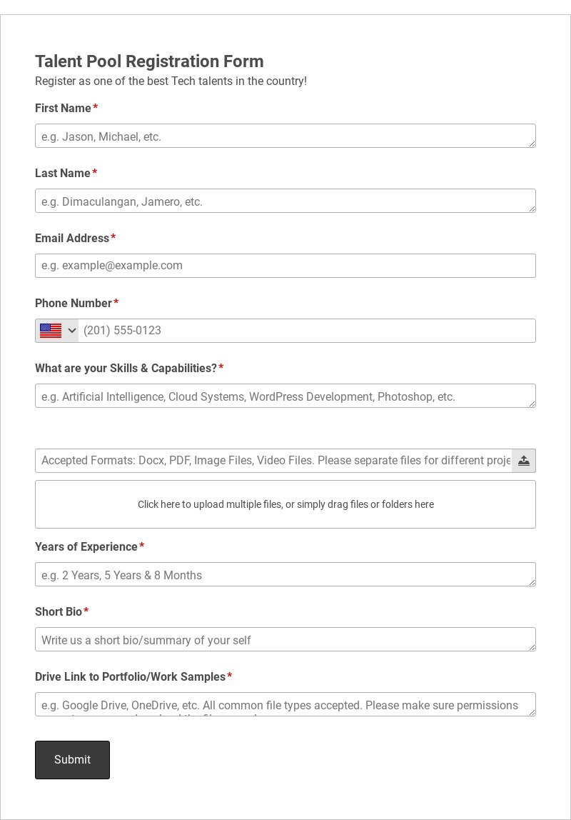 Talent Pool Registration Form Template