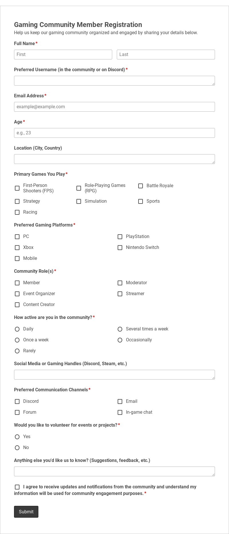 Gaming Community Member Registration Template form template