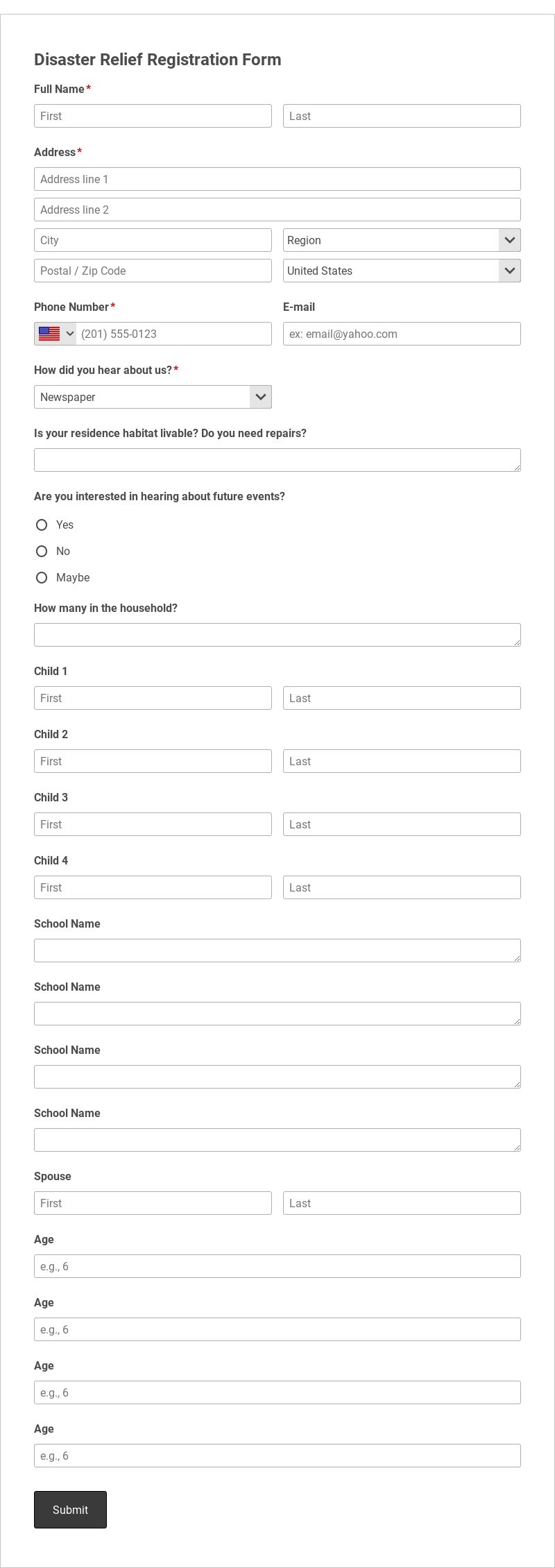 Disaster Relief Registration Form Template
