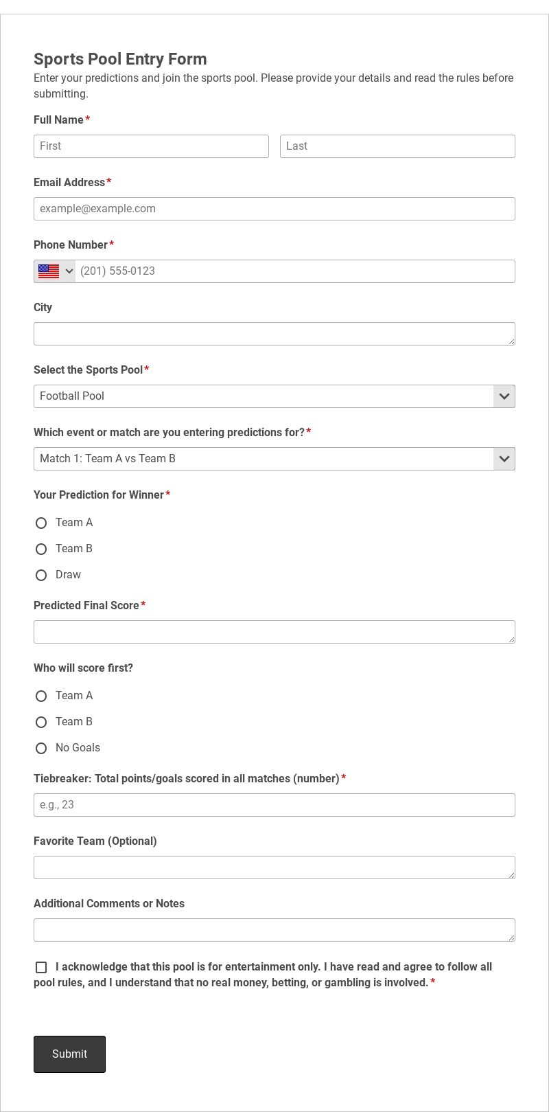 Sports Pool Entry Form Template form template