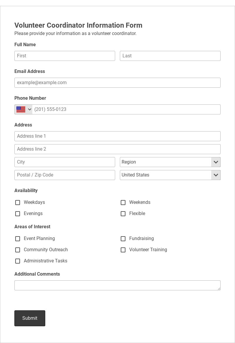 Volunteer Coordinator Information Form Template form template