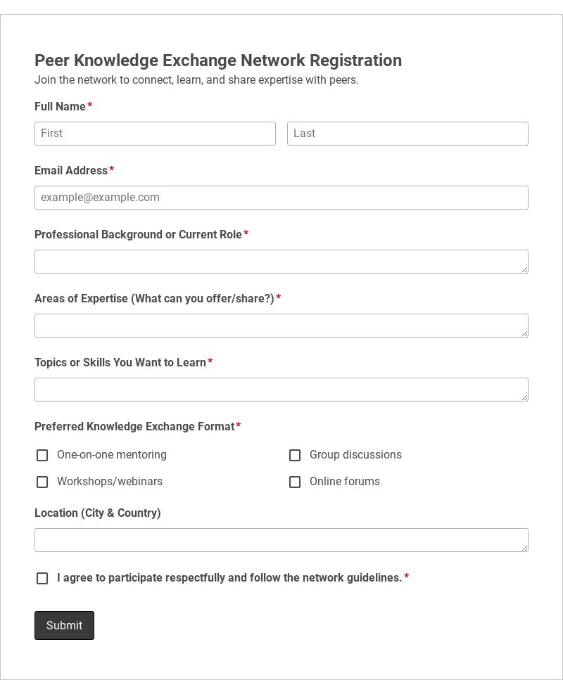 Peer Knowledge Exchange Network Registration Template form template