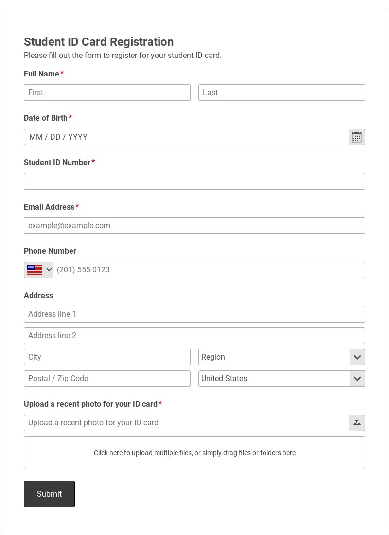 Student ID Card Registration Form Template