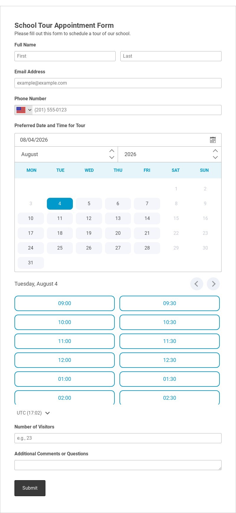 School Tour Appointment Form Template form template