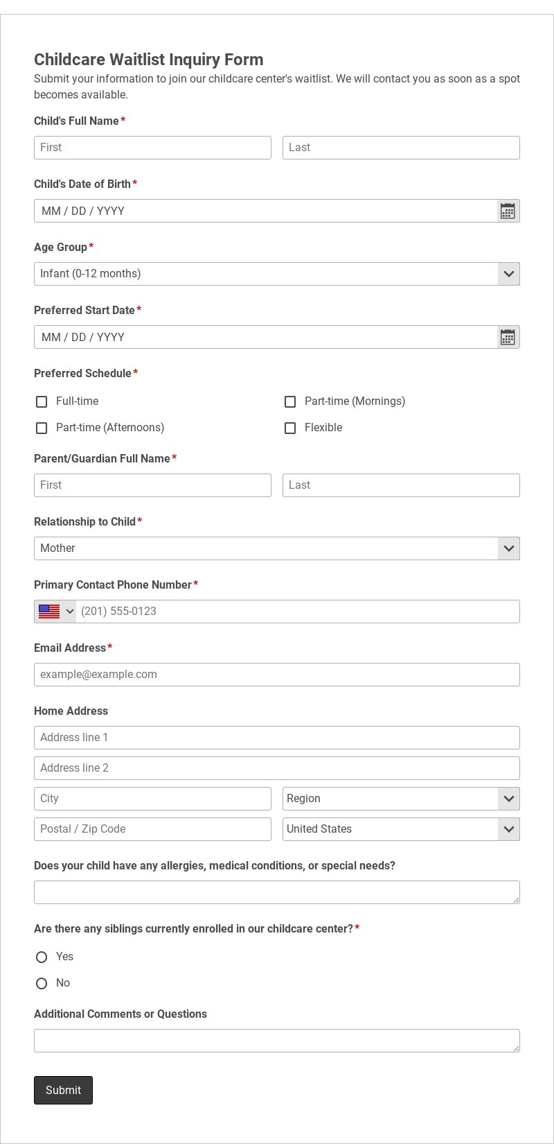Childcare Waitlist Inquiry Form Template form template