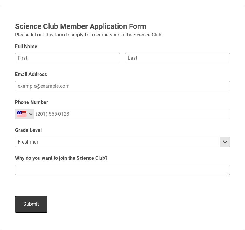 Science Club Member Application Form Template form template