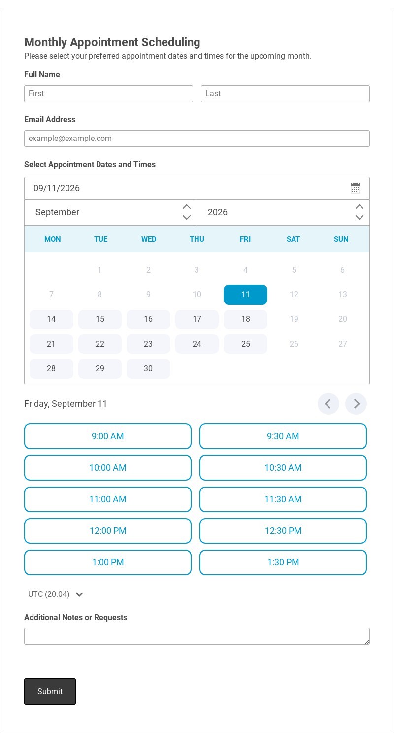 Monthly Appointment Scheduling Form Template form template