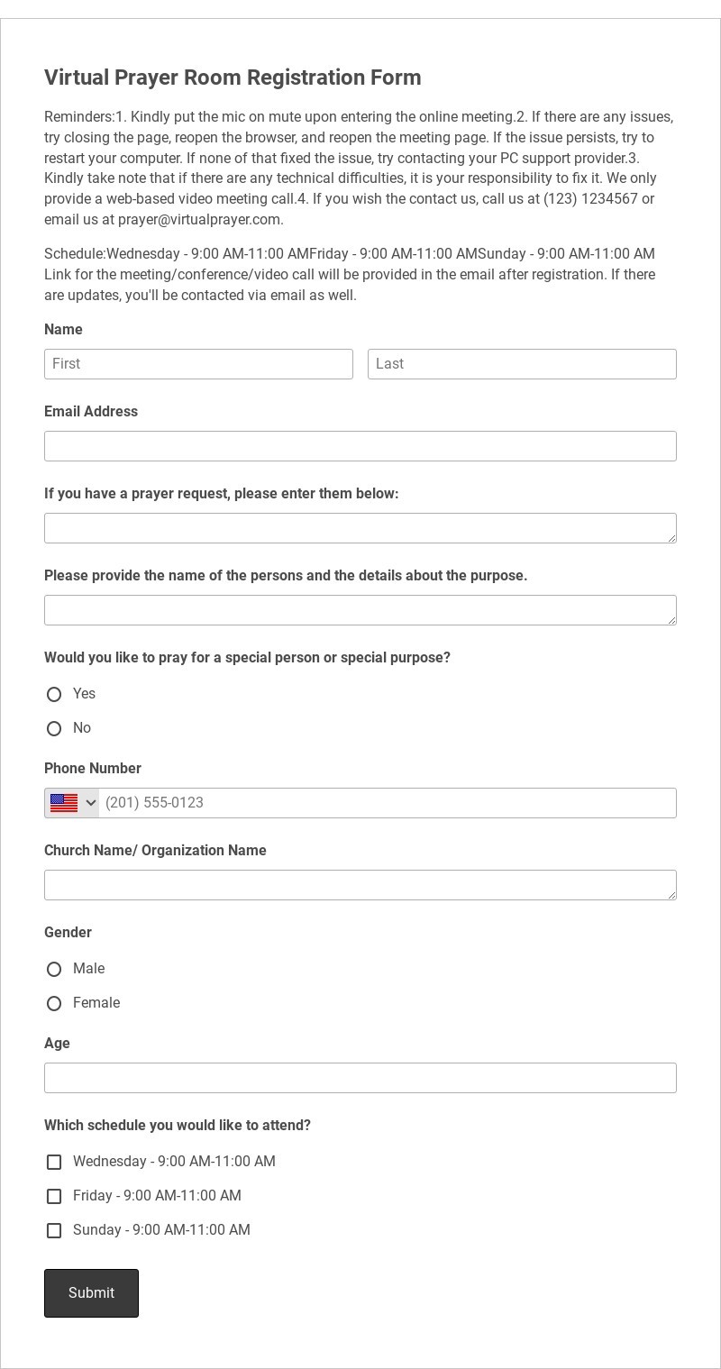 Virtual Prayer Room Registration Form Template form template