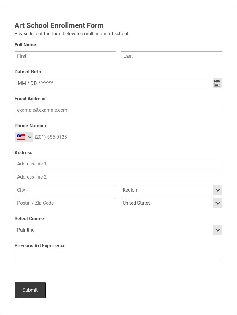 Art School Enrollment Form Template form template