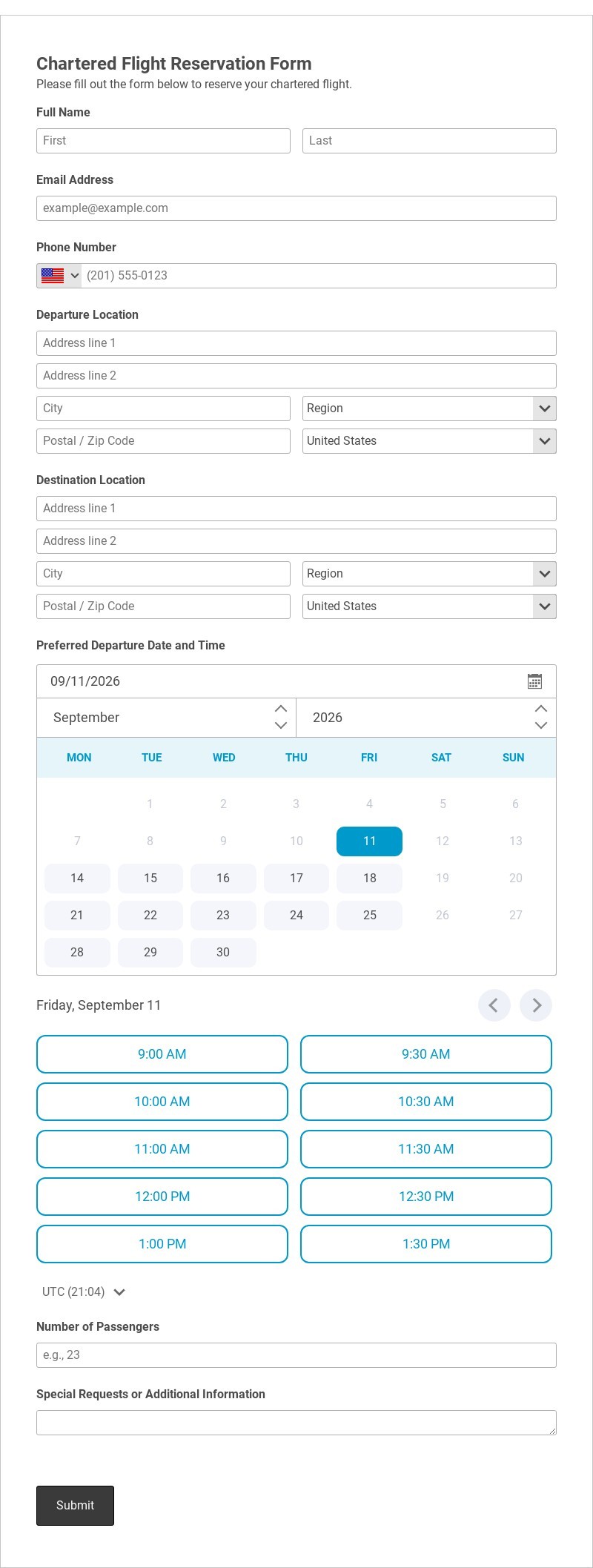Chartered Flight Reservation Form Template form template
