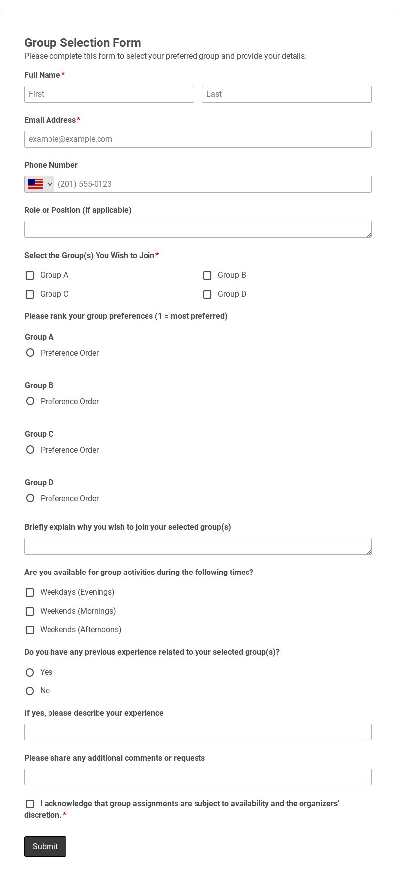 Group Selection Form Template form template