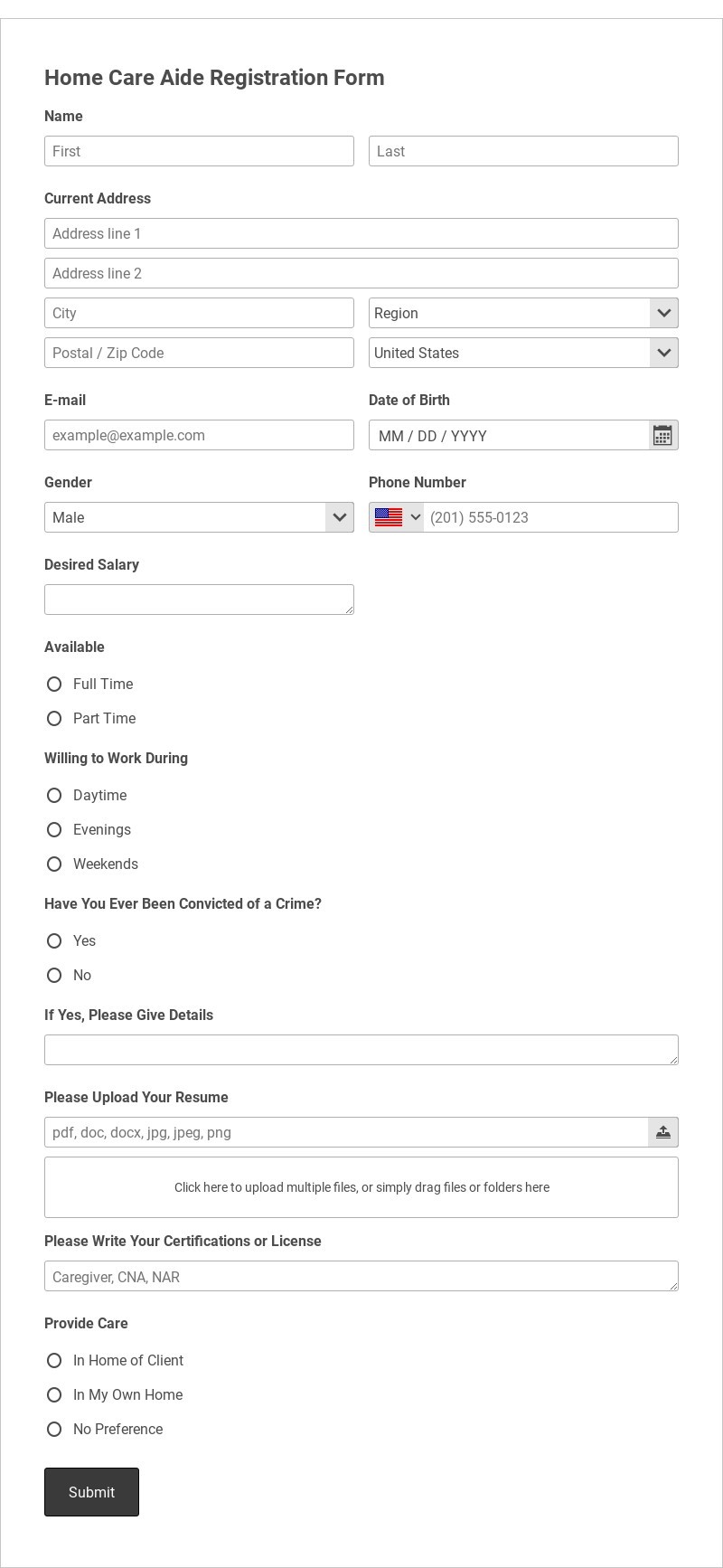 Home Care Aide Registration Form Template form template