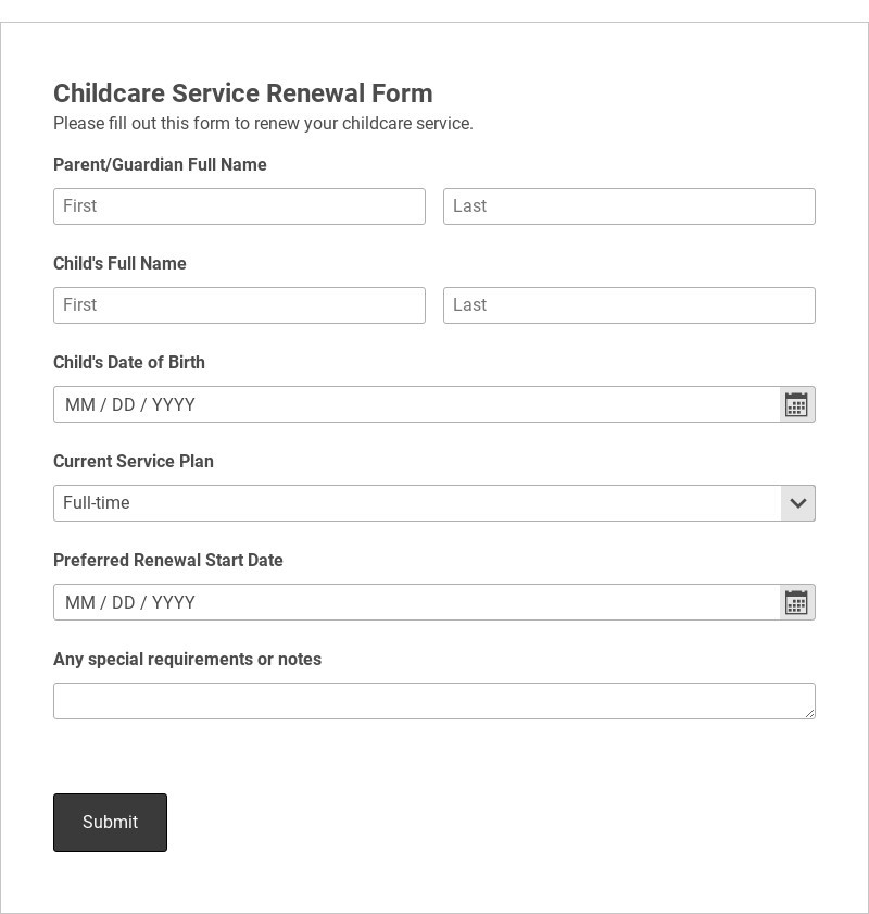 Childcare Service Renewal Form Template form template