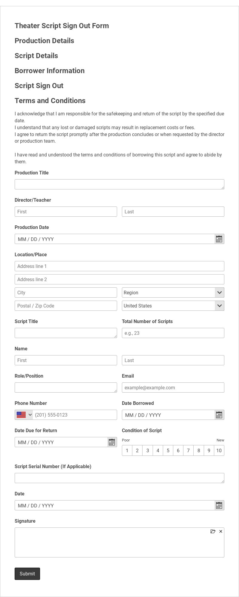 Theater Script Sign Out Form Template form template