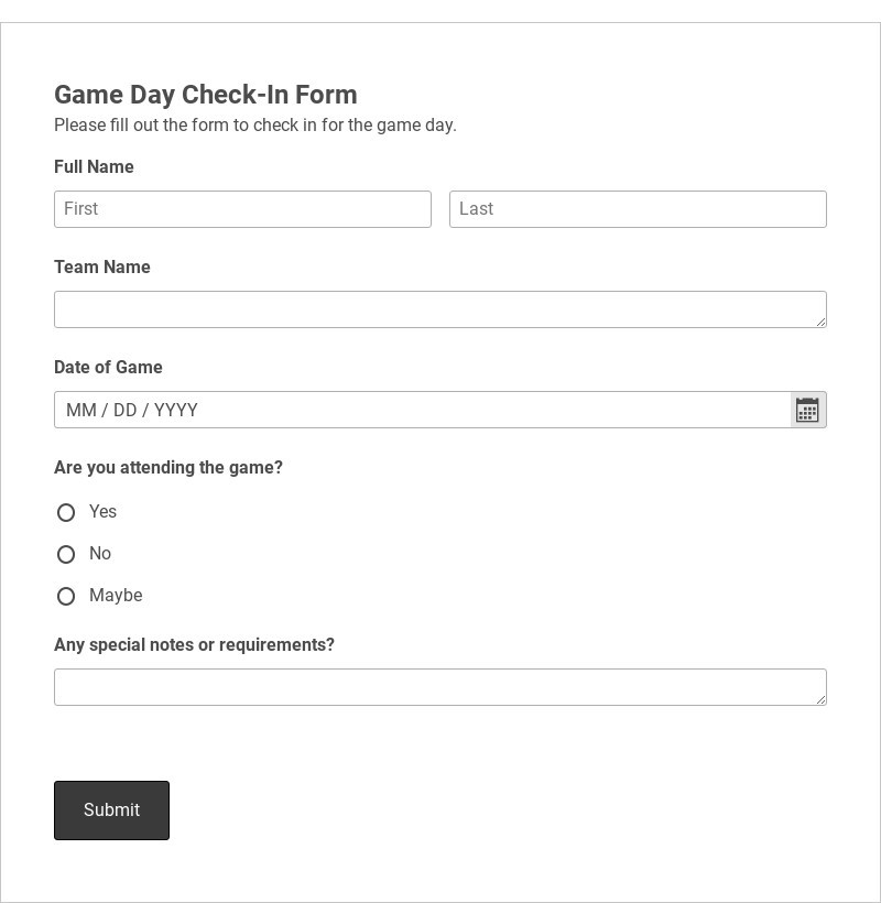 Game Day Check-In Form Template form template