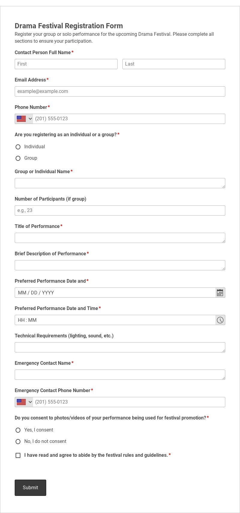 Drama Festival Registration Form Template form template