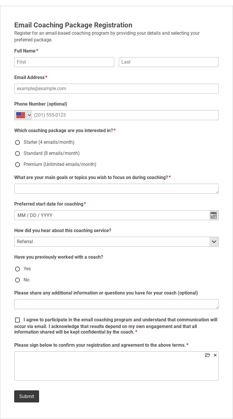 Email Coaching Package Registration Template form template