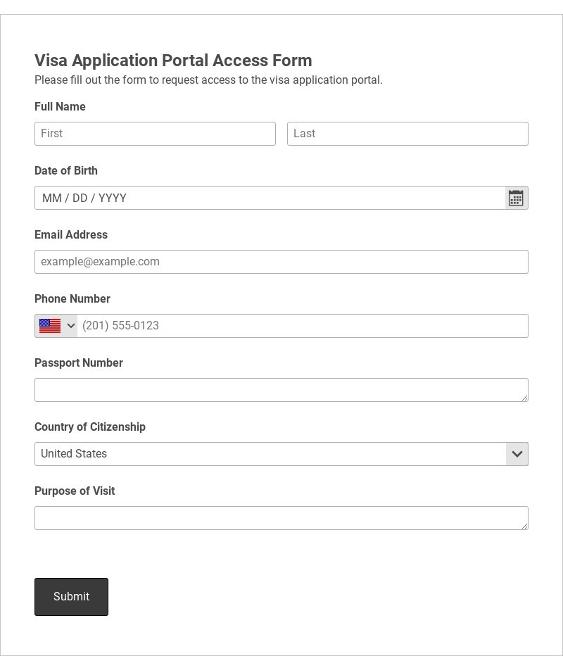 Visa Application Portal Access Form Template form template