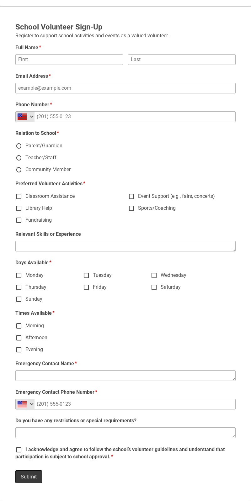 School Volunteer Sign-Up Template form template