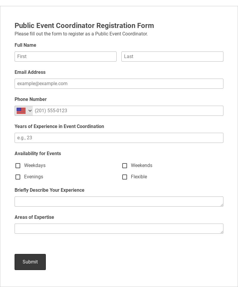 Public Event Coordinator Registration Form Template form template