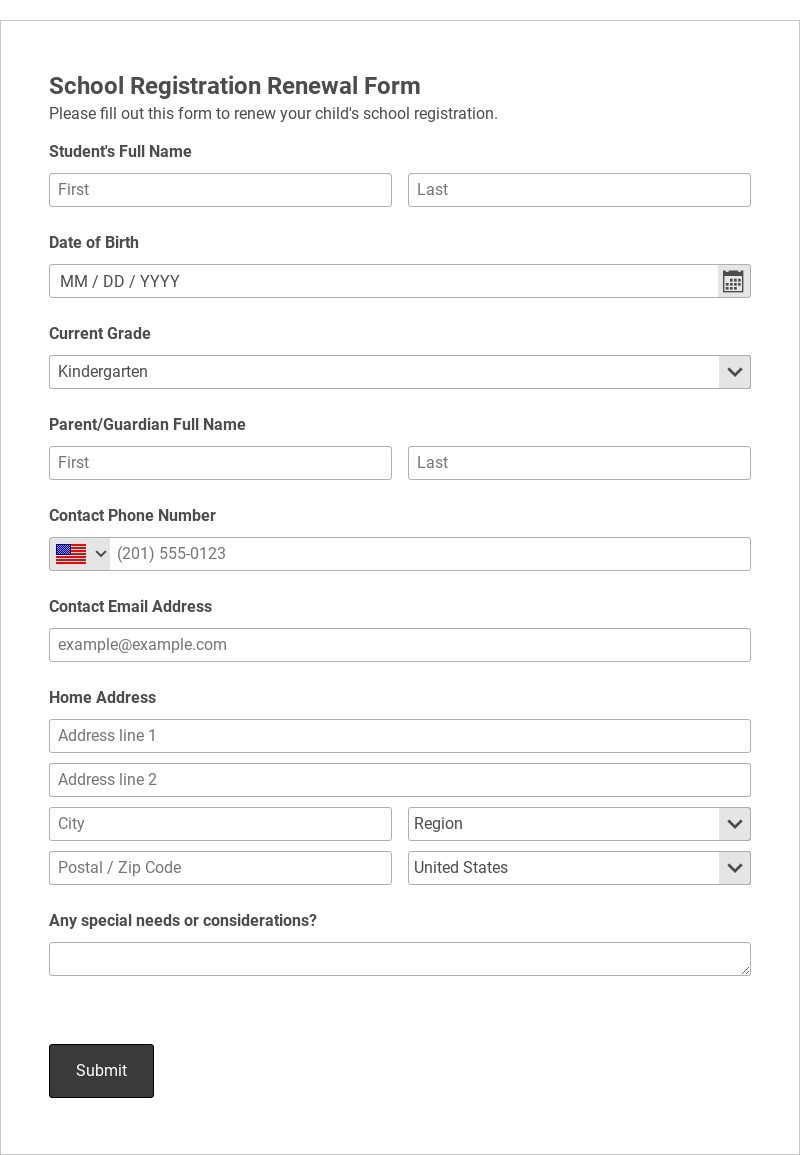 School Registration Renewal Form Template form template