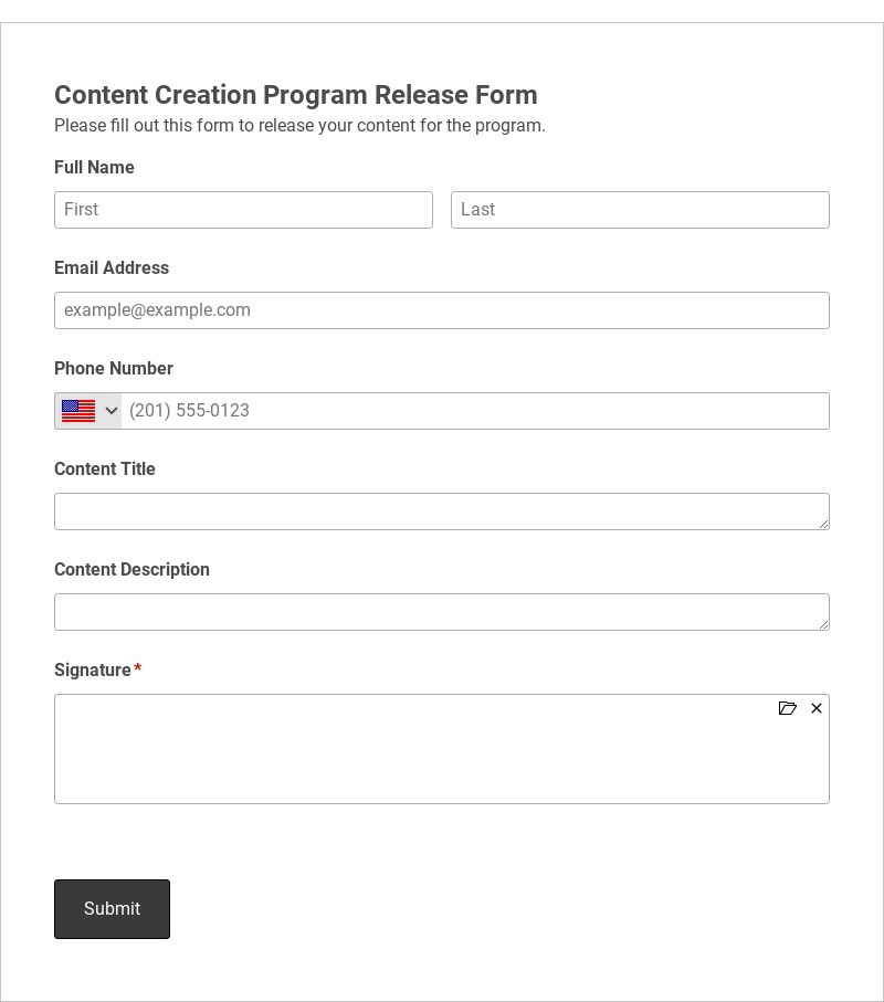Content Creation Program Release Form Template form template