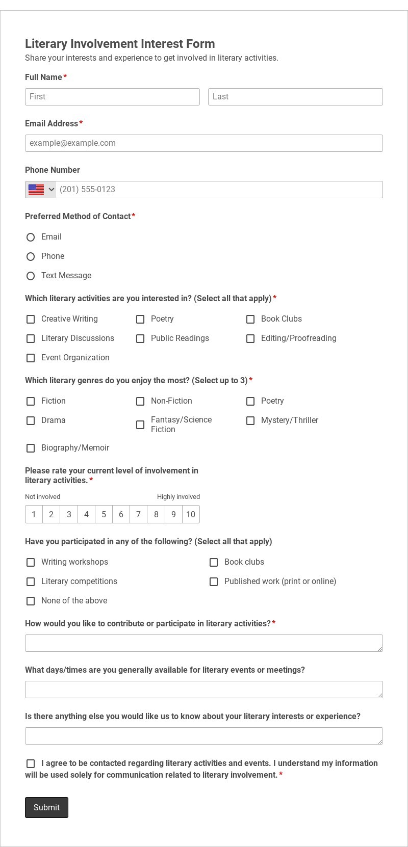 Literary Involvement Interest Form Template form template