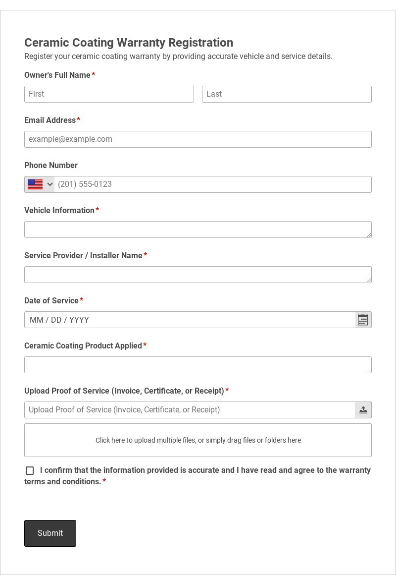 Ceramic Coating Warranty Registration Template form template