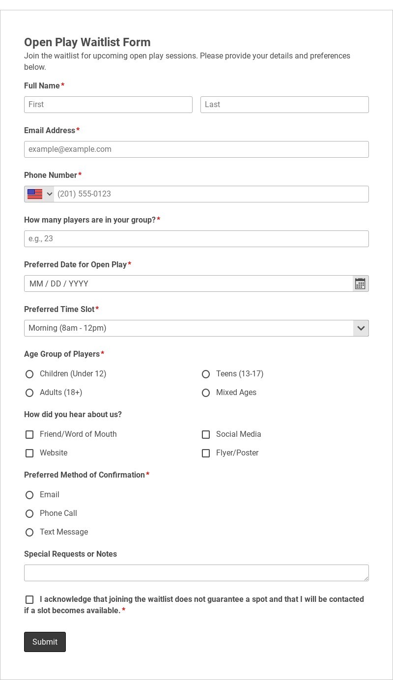 Open Play Waitlist Form Template form template