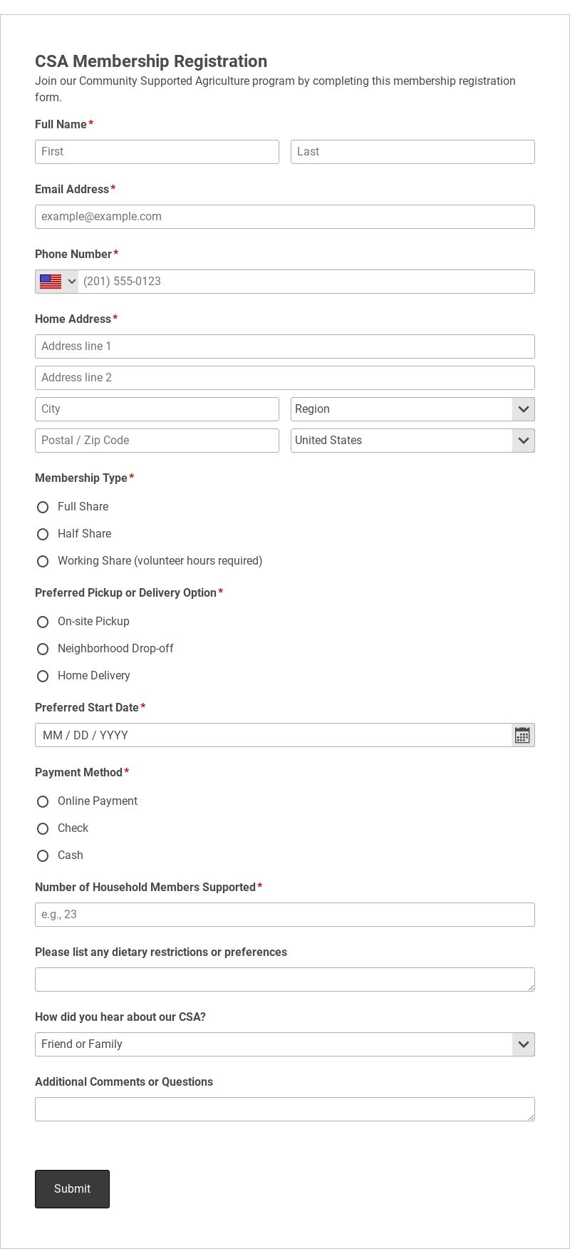 CSA Membership Registration Form Template form template