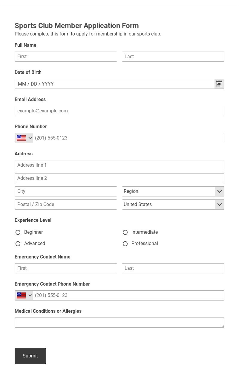 Sports Club Member Application Form Template form template