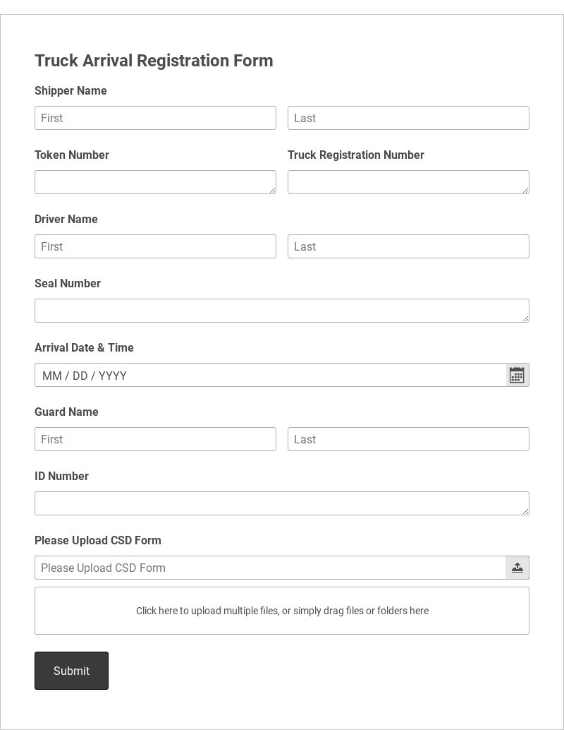 Truck Arrival Registration Form Template