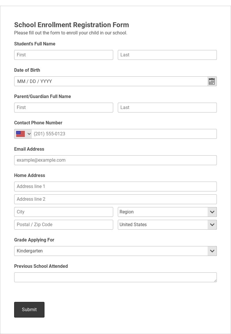 School Enrollment Registration Form Template form template