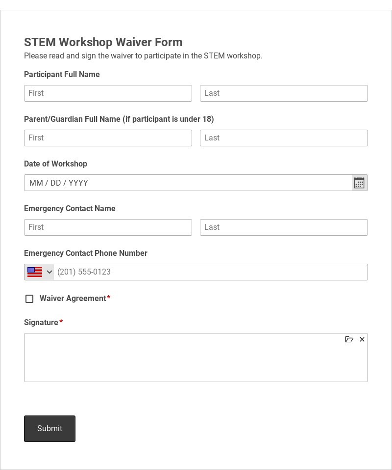 STEM Workshop Waiver Form Template form template