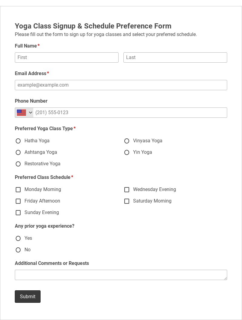 Yoga Class Signup & Schedule Preference Form Template form template