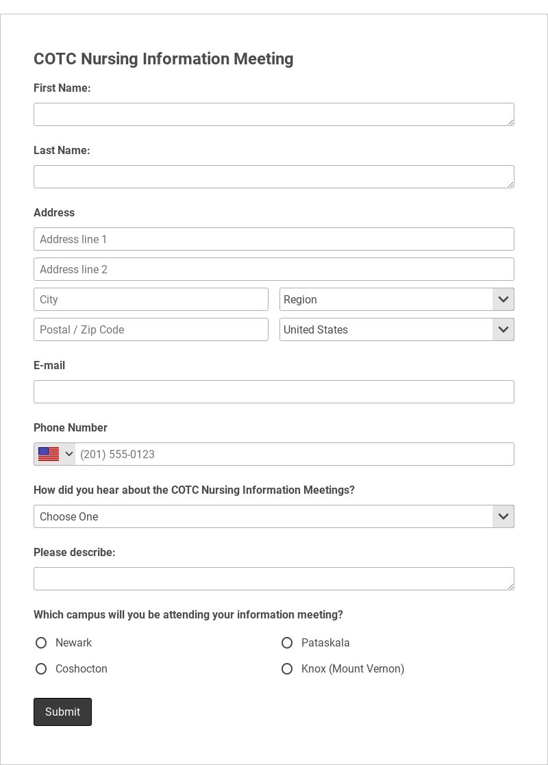 COTC Nursing Information Meeting Template form template