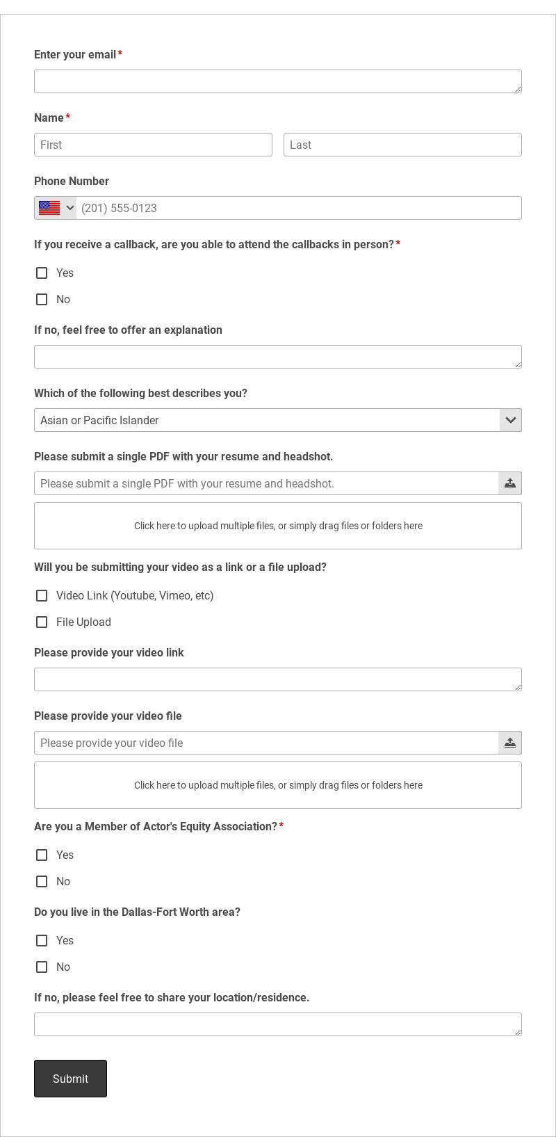 Acting Audition Form Template form template