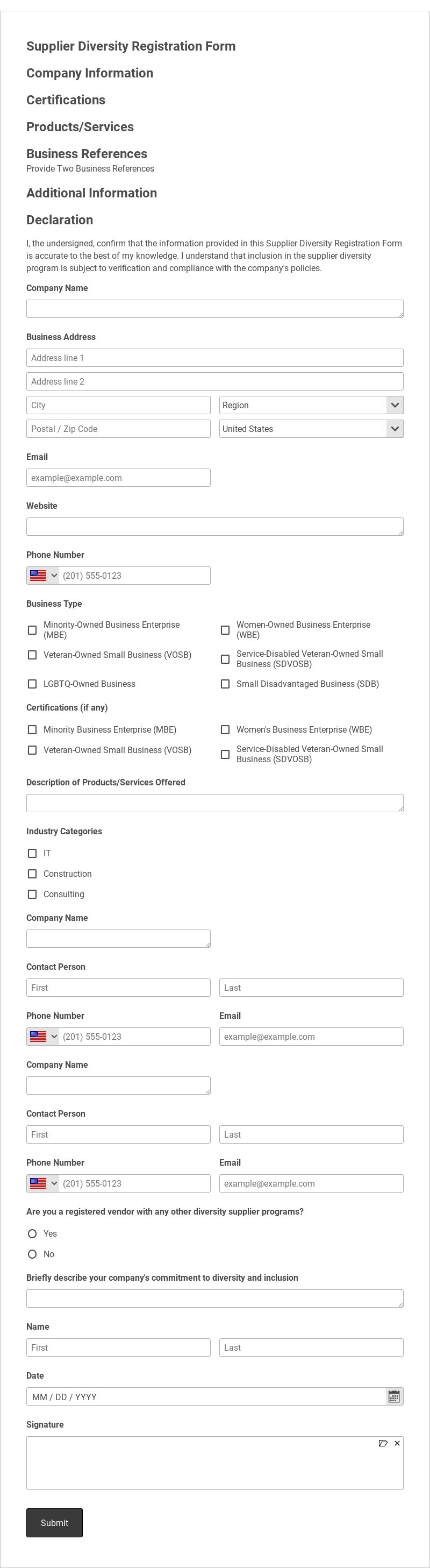 Supplier Diversity Registration Form Template