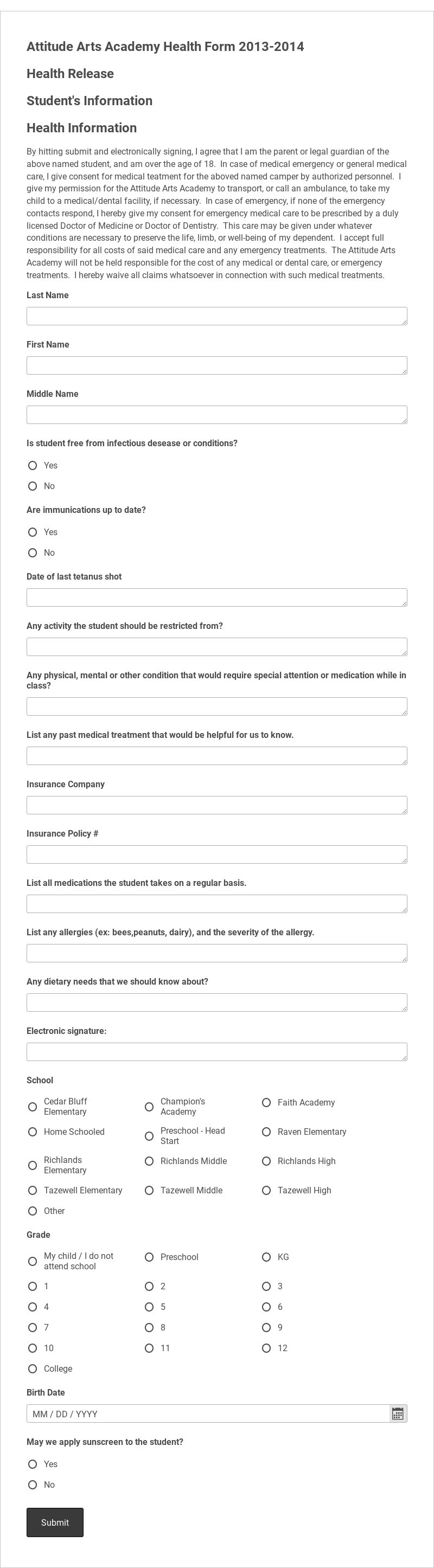 Dance Studio Student's Registration Form Template form template