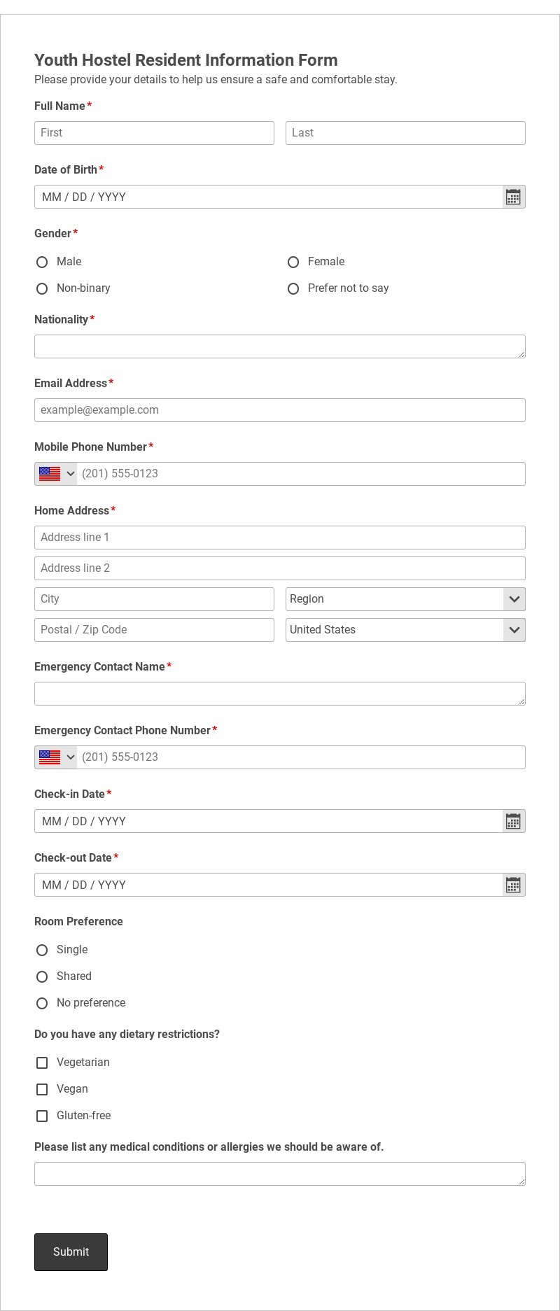 Youth Hostel Resident Information Form Template form template